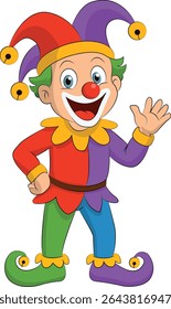 Colorful cartoon joker character in jester costume, waving and smiling. Perfect for kids’ parties, circus themes, vector designs, and fun illustrations. EPS format for easy editing.


