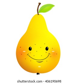 Colorful cartoon juicy yellow pear smile character. Vector illustration, isolated, clip-art on a white background