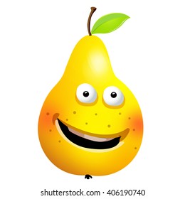 Colorful cartoon juicy yellow pear smile character. Vector illustration, isolated, clip-art on a white background