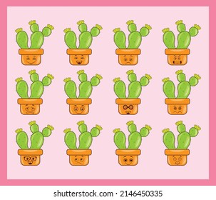 Colorful cartoon kawaii cactus and pots with different emotions. Life is better with a cactus.