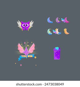 Colorful Cartoon Kawaii Icons Set Purple Flying Cat Sub Bit Moon Badges Yo Win Star Badge Purple Gift Isolated Vector Design