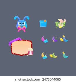 Colorful Cartoon Kawaii Icons Set Blue Dog Sub Bit Celestial Moon Badges Cinema Pop Corn Pop Up Banner Blue Gift Isolated Vector Design