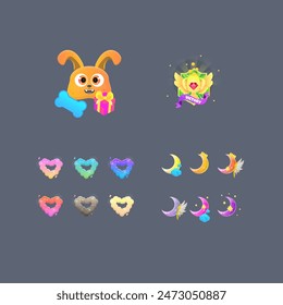 Colorful Cartoon Kawaii Icons Set Orange Dog Sub Bit Celestial Moon  And Heart Clouds Badges  Winner Cup Pop Up Badge Isolated Vector Design