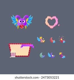 Colorful Cartoon Kawaii Icons Set Purple Flying Dog Sub Bit Celestial Moon Badges  Heart Clouds Frame Icon Cinema Pop Corn Pop Up Banner Isolated Vector Design