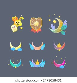 Colorful Cartoon Kawaii Icons Set Yellow Magic Dog Sub Bit Celestial Moon Badges  Award Star Badge Icon Isolated Vector Design