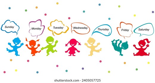 Colorful cartoon kids with days of the week written in chat bubbles