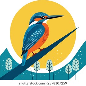 Colorful cartoon kingfisher vector illustration with vibrant feathers and a cute, playful style. Perfect for kids' designs, wildlife themes, logos, posters, and digital artwork.