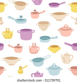 Colorful cartoon kitchenware vector seamless pattern