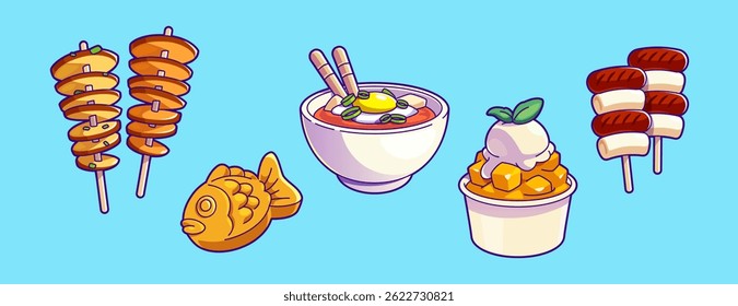 Colorful cartoon Korean street food - spiral tornado potato and sausage ricecake skewers, soup with fried egg, fish shaped taiyaki cookie and bingsu dessert with ice cream. Traditional oriental meals.