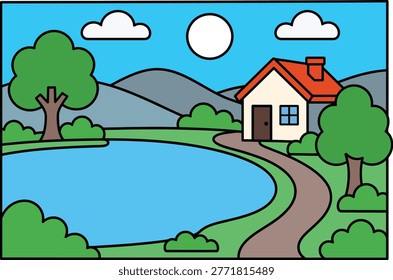 A colorful cartoon landscape featuring a small house near a winding river, surrounded by green trees and hills under a bright blue sky with white clouds. cartoon, landscape, house.