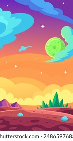 Colorful cartoon landscape with green planet in the sky and artistic elements