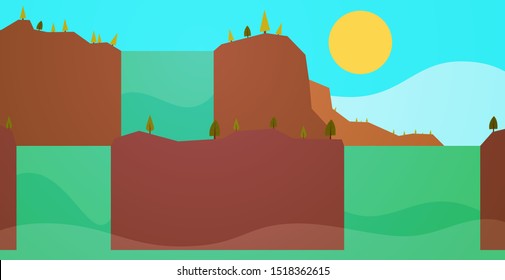 Colorful cartoon landscape panorama with waterfall, river, mountain, trees and hills in geometric minimalistic flat design style. Bright vector illustration.