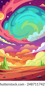 Colorful cartoon landscape with a swirl in the sky and trees in the foreground