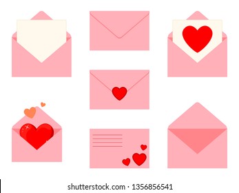 Colorful cartoon letter set. Envelope with love message. St Valentine day themed vector illustration for icon, stamp, label, badge, certificate, brochure, gift card, poster or banner decoration