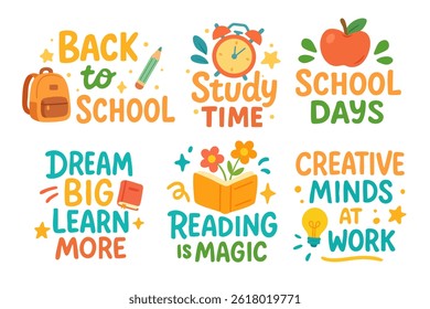 Colorful cartoon lettering phrases with cute icons: books, pencils, apple, clock. Flat vector illustration for school.