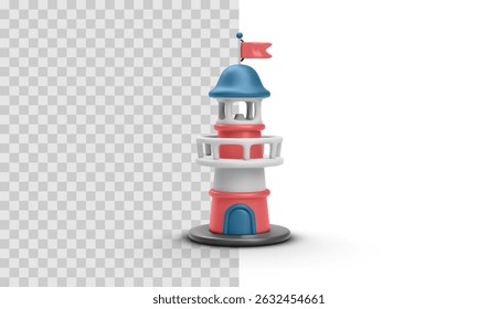Colorido desenho animado farol torre com telhado azul e base vermelha, isolado em fundo transparente. Ilustração vetorial ideal para navegação marítima, viagens marítimas, edifícios costeiros ou conceitos oceânicos.