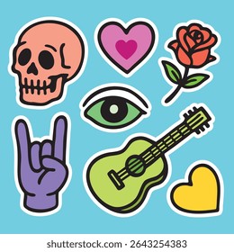 Colorful cartoon line art icons,stickers set. skull, heart, rose, hand signs, eye, guitar
