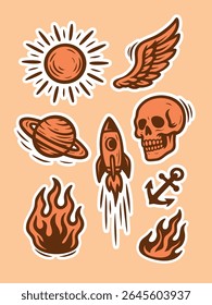 Colorful cartoon line art stickers set sun wing planet rocket skull fire
