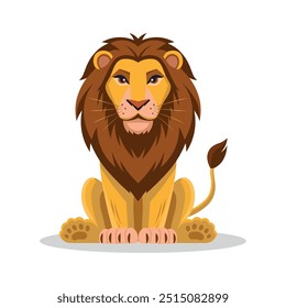 Colorful cartoon lion sitting upfront with majestic mane and long tail - Animal vector illustration