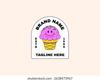 Colorful cartoon logo of a smiling ice cream cone with sprinkles inside a rounded badge. Great for dessert branding and playful designs
