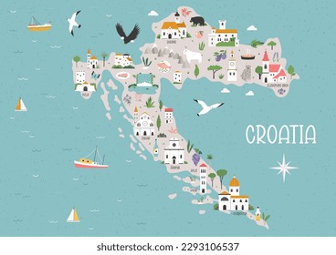 Colorful cartoon map of Croatia with famous cities, nature, animals, must-see attractions - Split, Dubrovnik, Pula, Hvar. Bright map for posters, travel magazines, blogs, wall designs