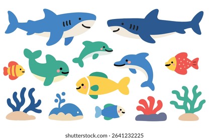 Colorful Cartoon Marine Animals Illustration on White Background