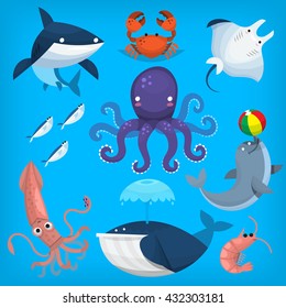 Colorful cartoon marine animals and sea creatures