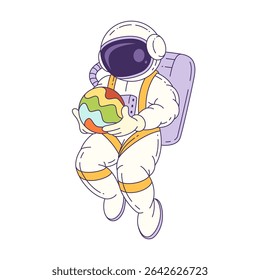 Colorful cartoon mascot astronaut character holding a vibrant planet, designed for educational content, children’s books, and space-themed graphics. Vector illustration.