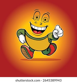 Colorful cartoon mascot of a cheerful, smiling character running joyfully. Vector-style design featuring vibrant red, green, yellow, and white tones. Perfect for branding, advertising, packaging