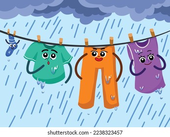 Colorful Cartoon mascot family character hanging wet clothes, pants, tank top, shirt, and sock. Drying clothes on cloth line on windy outdoor environment vector illustration with flat style drawing.