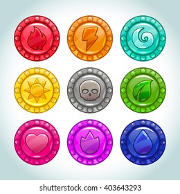 Colorful cartoon medallions with nature elements icons set, vector assets for game design