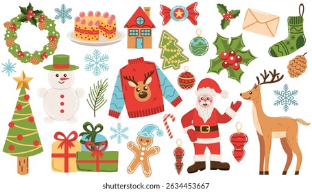 Colorful cartoon Merry Christmas clip art collection. Set of winter holidays design elements with Santa Claus, tree and presents, snowman and deer, cake and wreath isolated on white.