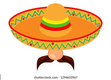 Colorful cartoon mexican man avatar. Fiesta carnival hat and moustache. Mexico theme vector illustration for icon, stamp, label, badge, certificate, leaflet, brochure or banner decoration