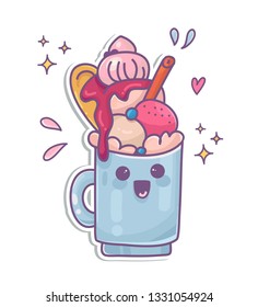 Colorful cartoon milkshake with ice-cream and topping. Kawaii and crazy overshake dessert with lovely smile and big eyes.Bright hand drawn food  illustration.Vector