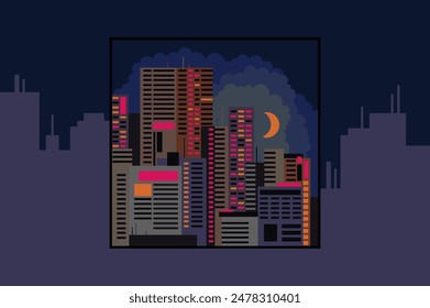 Paisaje moderno de la noche de la ciudad de dibujos animados coloridos en estilo plano. Ilustración vectorial de edificios urbanos y rascacielos en un marco para diseño e impresión de postales, papel de embalaje, textiles, Fondo de pantalla