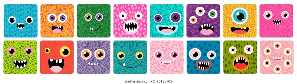 Caras de monstruo de dibujos animados coloridos con diferentes expresiones divertidas y tontas, Vector redondeado con iconos cuadrados con caras de criatura lindas