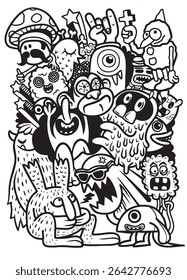 A colorful cartoon monsters and creatures playful, chaotic arrangement, showcasing various