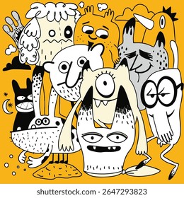 A colorful cartoon monsters and creatures with various expressions and features bright yellow