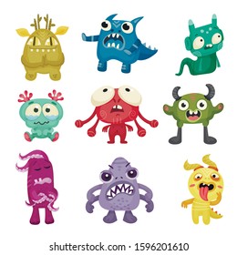 Colorful Cartoon Monsters with Different Emotions on Their Muzzles Vector Set