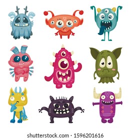 Colorful Cartoon Monsters with Different Emotions on Their Muzzles Vector Set