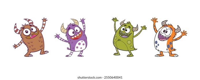 Colorful cartoon monsters with horns - green, purple, and orange playful characters for kid's design