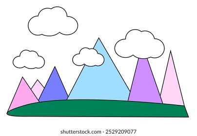 Colorful cartoon mountain landscape with playful clouds and vibrant peaks in a simple, whimsical style suitable for children's illustration