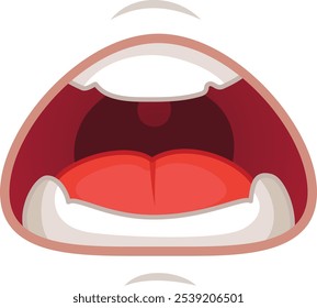 Caricatura colorida de uma boca bem aberta, com dentes mostrando, e língua para fora, transmitindo emoções como raiva, medo ou surpresa. Perfeito para adicionar humor aos designs