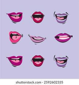 Colorful Cartoon Mouths in Varied Expressions on Light Purple Background	