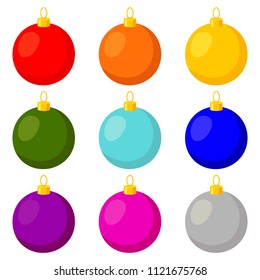 Colorful cartoon multicolor christmas ball set. Xmas tree decoration. New year themed vector illustration for icon, sticker, patch, label, sign, badge, certificate or gift card decoration