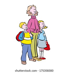 A colorful cartoon of a mum with two young children, a boy and a girl, on their way to school. Smiling, holding hands, waiting for a bus or a crossing. Both kids have school bags.