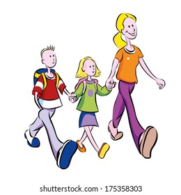 A colorful cartoon of a mum with two young children walking to school. The children carry school bags, they are happy and smiling, glad to go back to school.