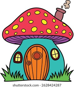 Colorful Cartoon Mushroom House, mushroom house hand drawn Isolated on white background. Vector illustration	