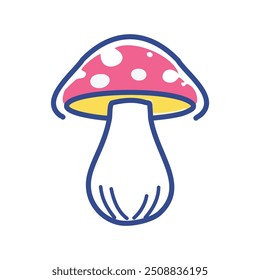 Colorful cartoon mushroom illustration. Cute, hand-drawn mushroom with a pink cap and white spots, symbolizing nature's beauty and the hidden wonders of the forest.