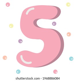 Colorful cartoon number five
for kids, greeting card template. Vector illustration